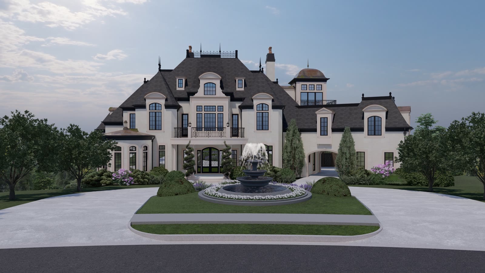 Fountain Court, a white chateau with mansard roofs behind a circular fountain forecourt