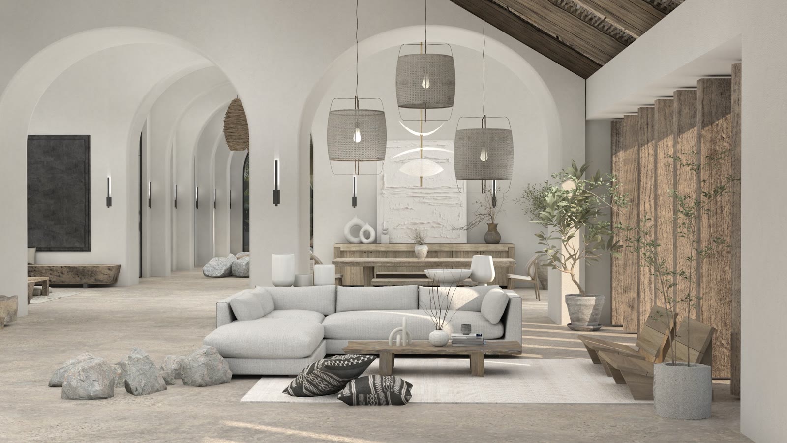 The Arches, Wabi Sabi Japandi, living room under a vaulted timber ceiling with arched openings and woven pendants