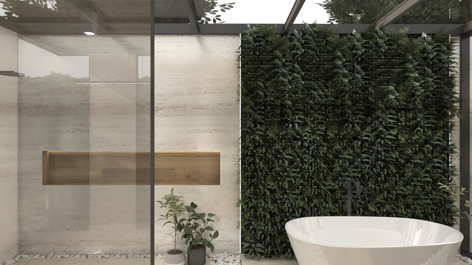 Glasshouse Bath, a freestanding tub under a glazed roof against a full living wall