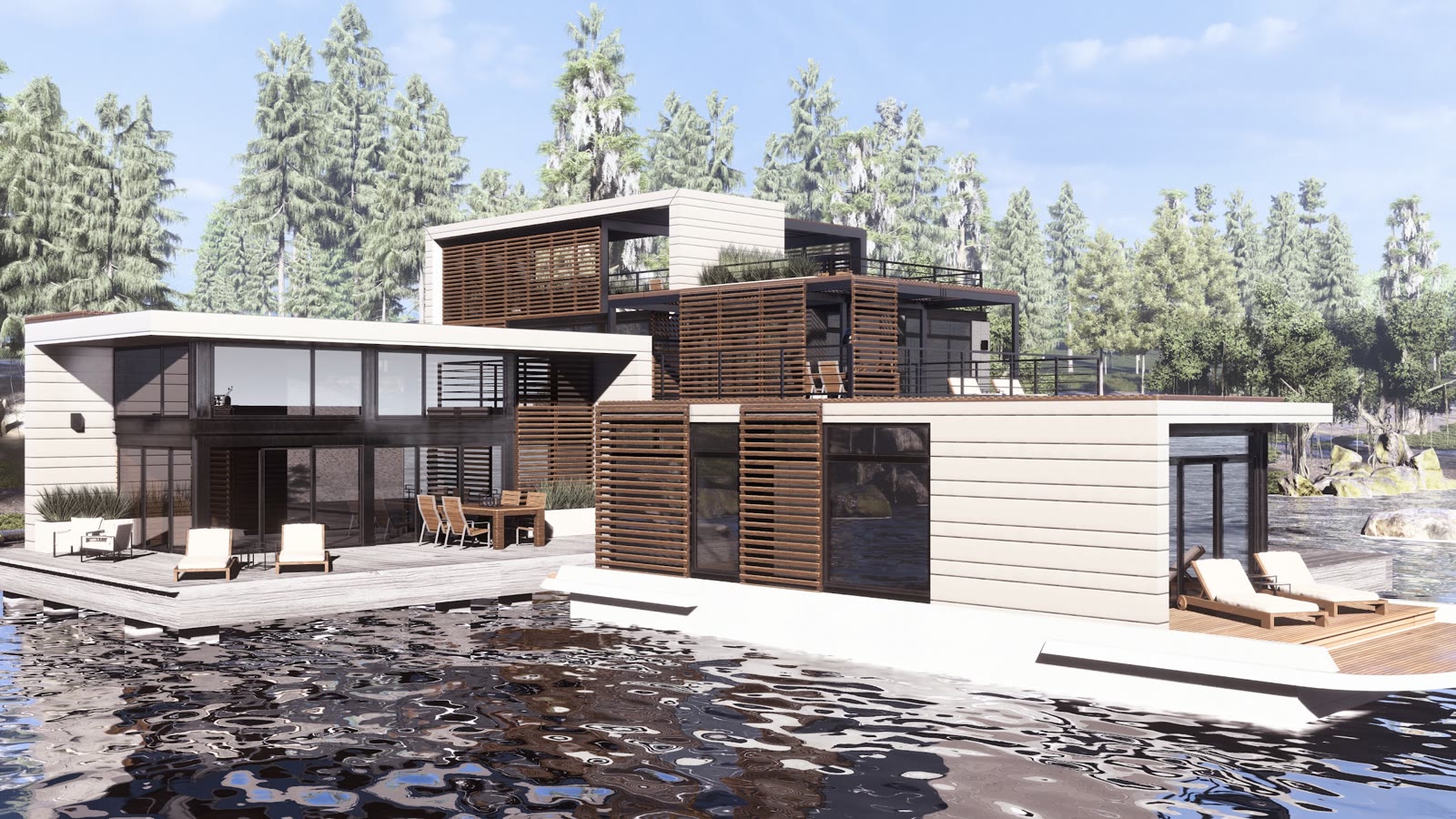 Two in One Puzzle Home, a floating home in timber louvres and glass sitting out over the water