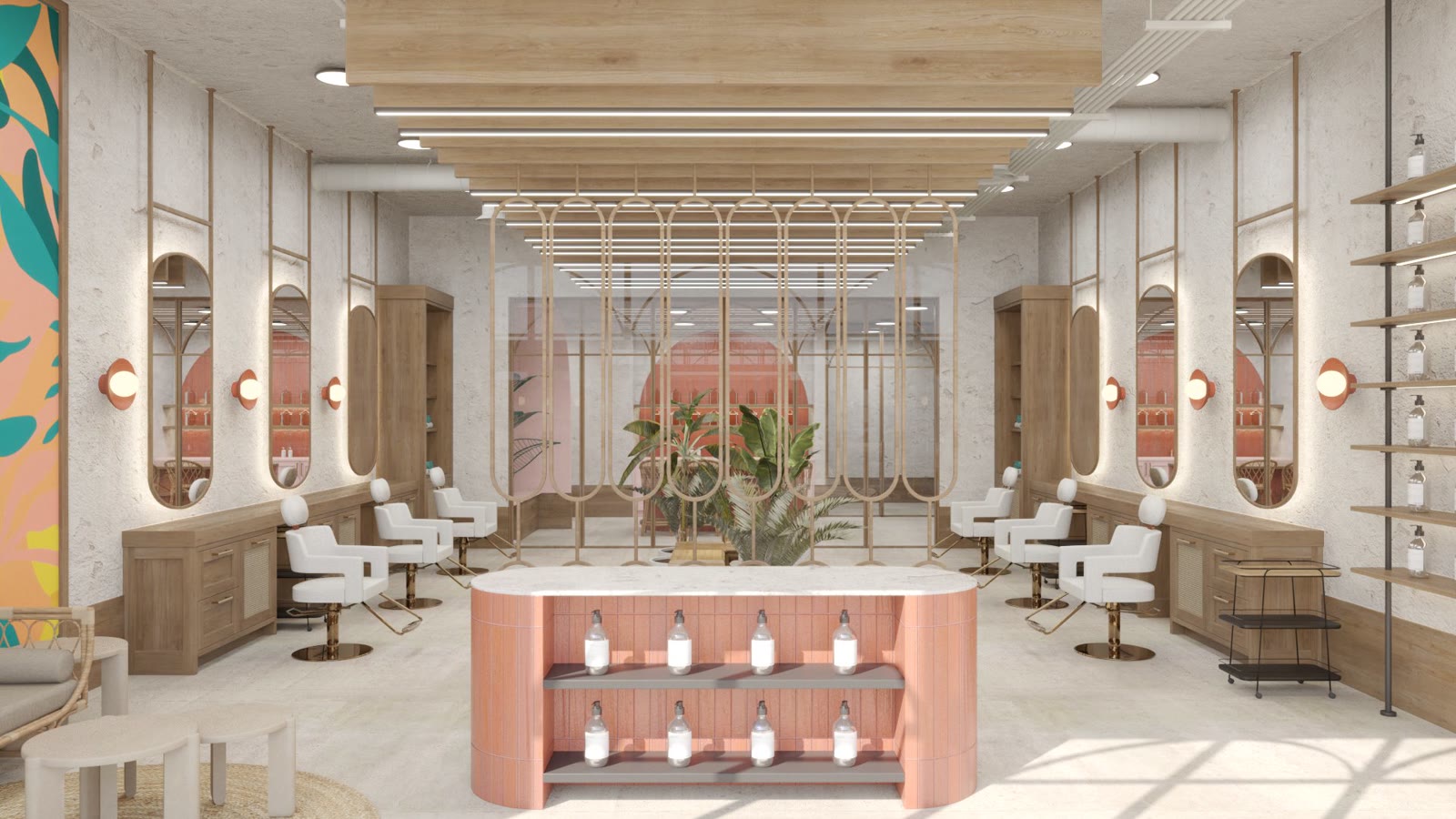 Oasis Face Bar, the finished shop with its fluted counter and arches