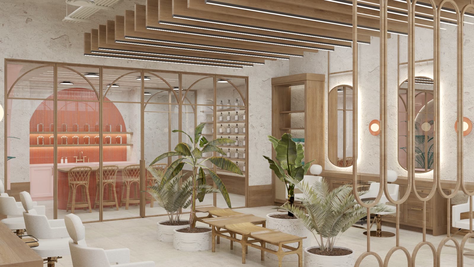 Oasis Face Bar, the fluted coral arch and bar seen straight on through the rattan screens