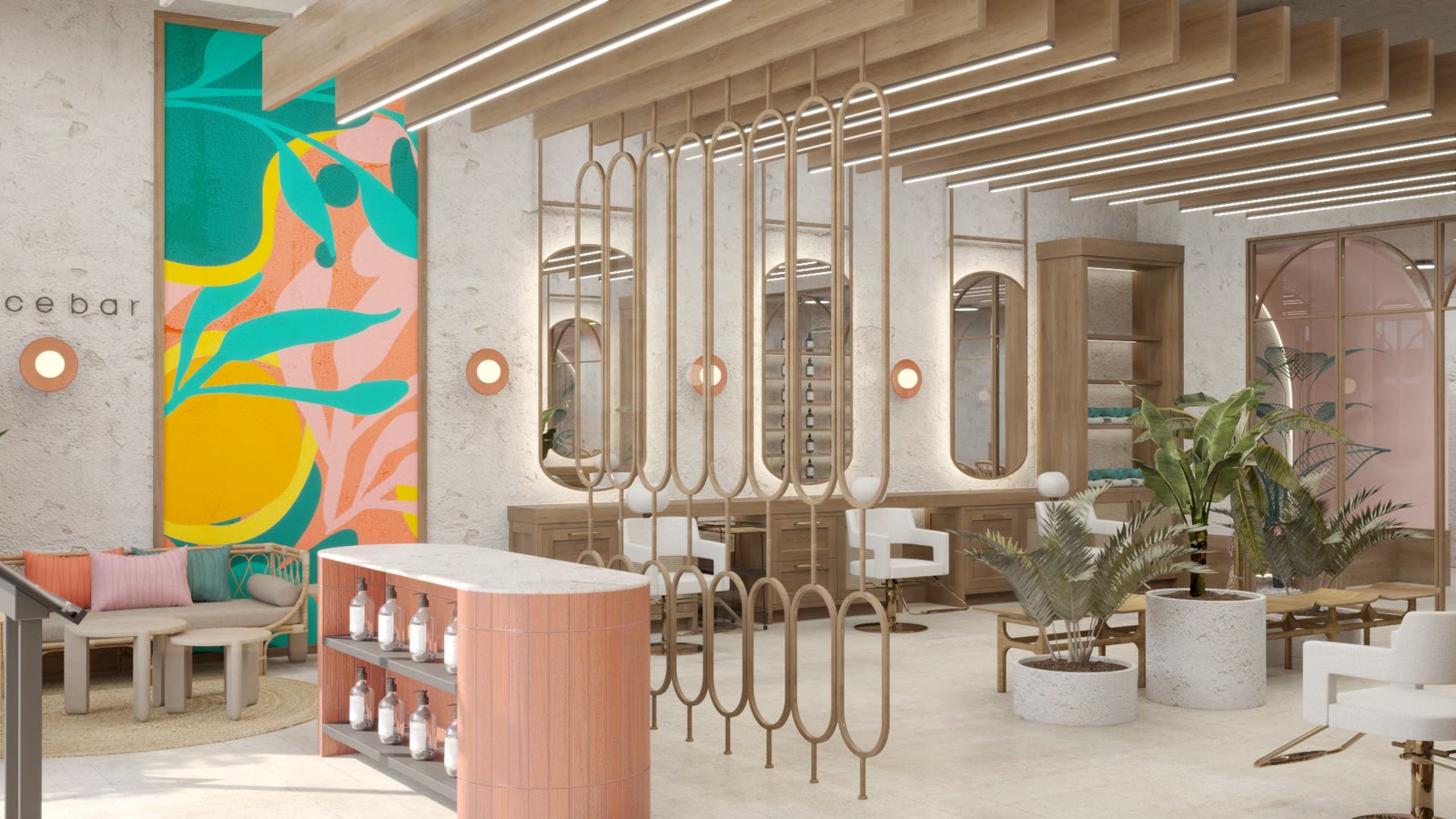 Oasis Face Bar, the coral bar under an arch with a painted palm mural