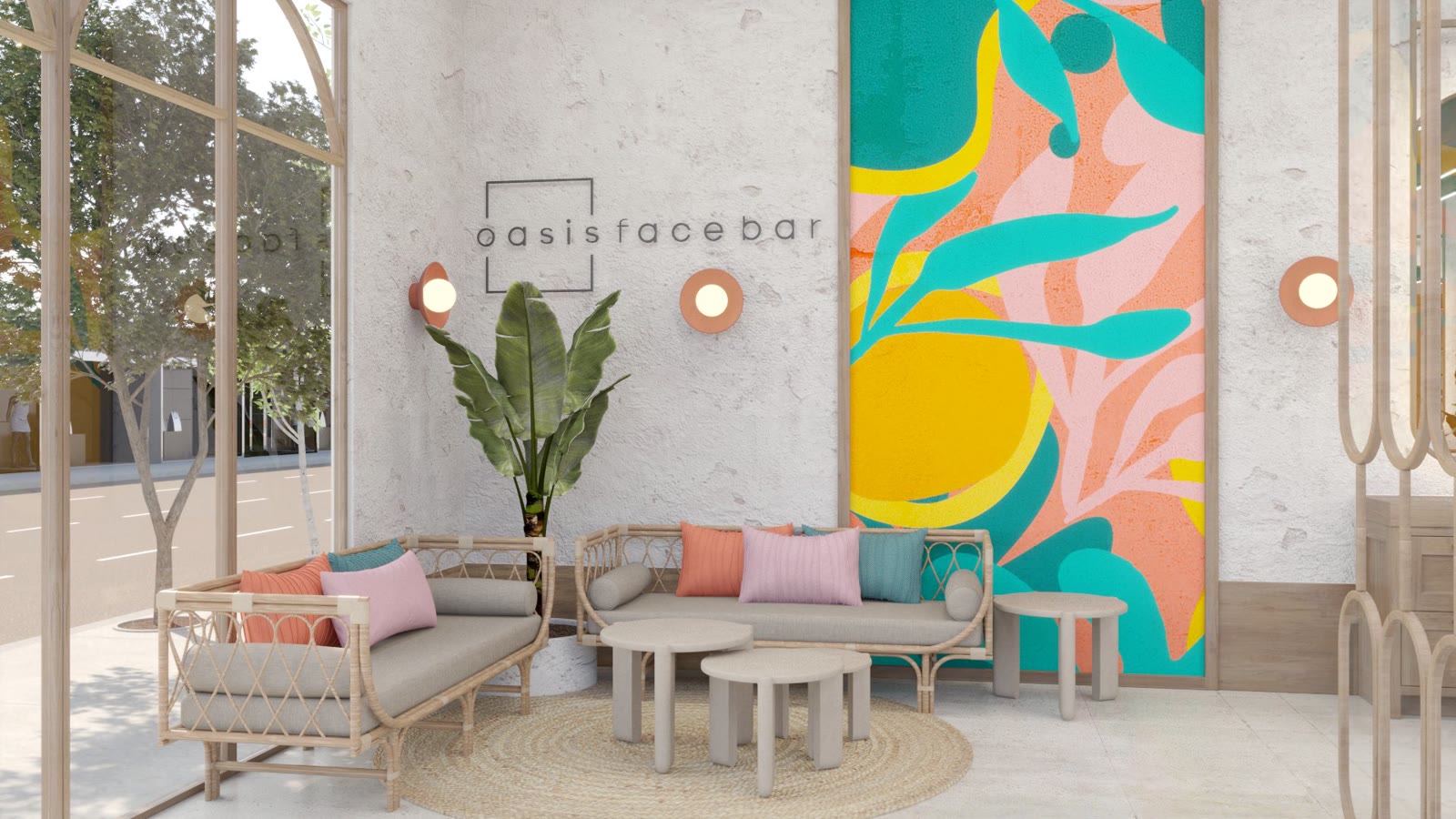 Oasis Face Bar, the colonnade of arches down the treatment wall