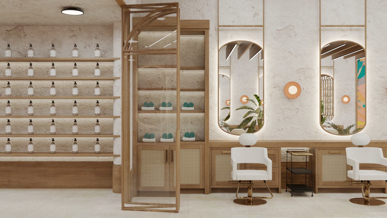 Oasis Face Bar, lit arched niches and the styling stations in pale timber