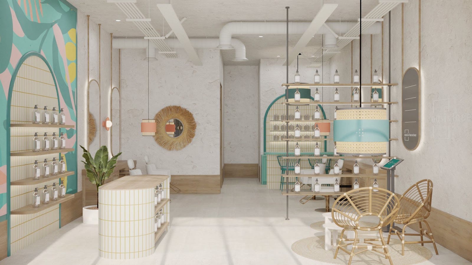 Oasis Face Bar small format, arched product shelving and treatment chairs in a compact store
