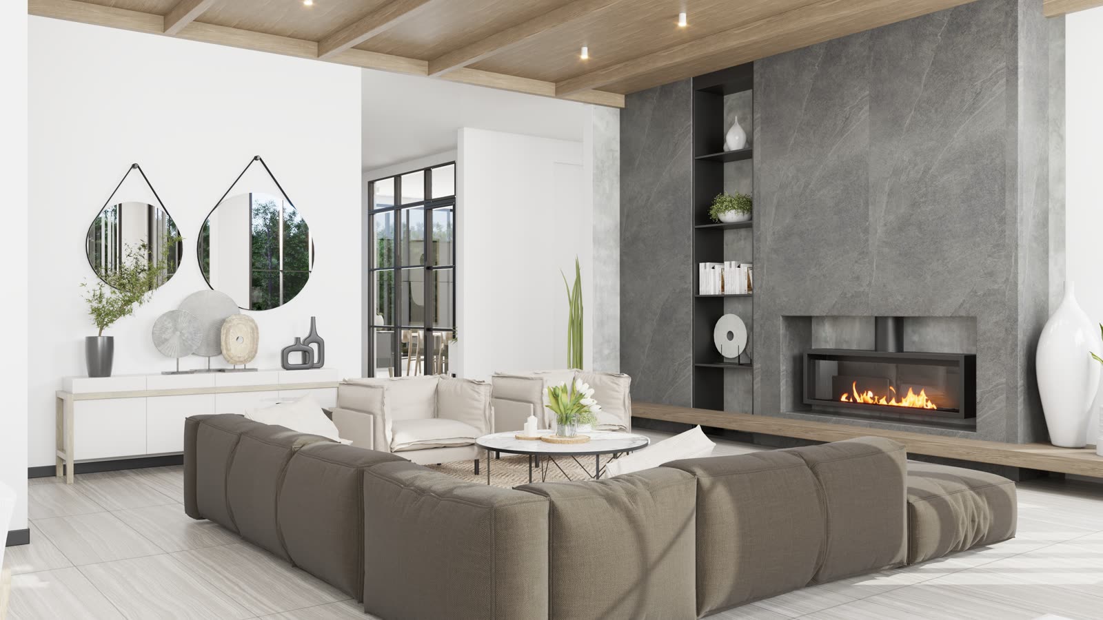 Olive House, open living room with a stone fireplace wall and timber ceiling