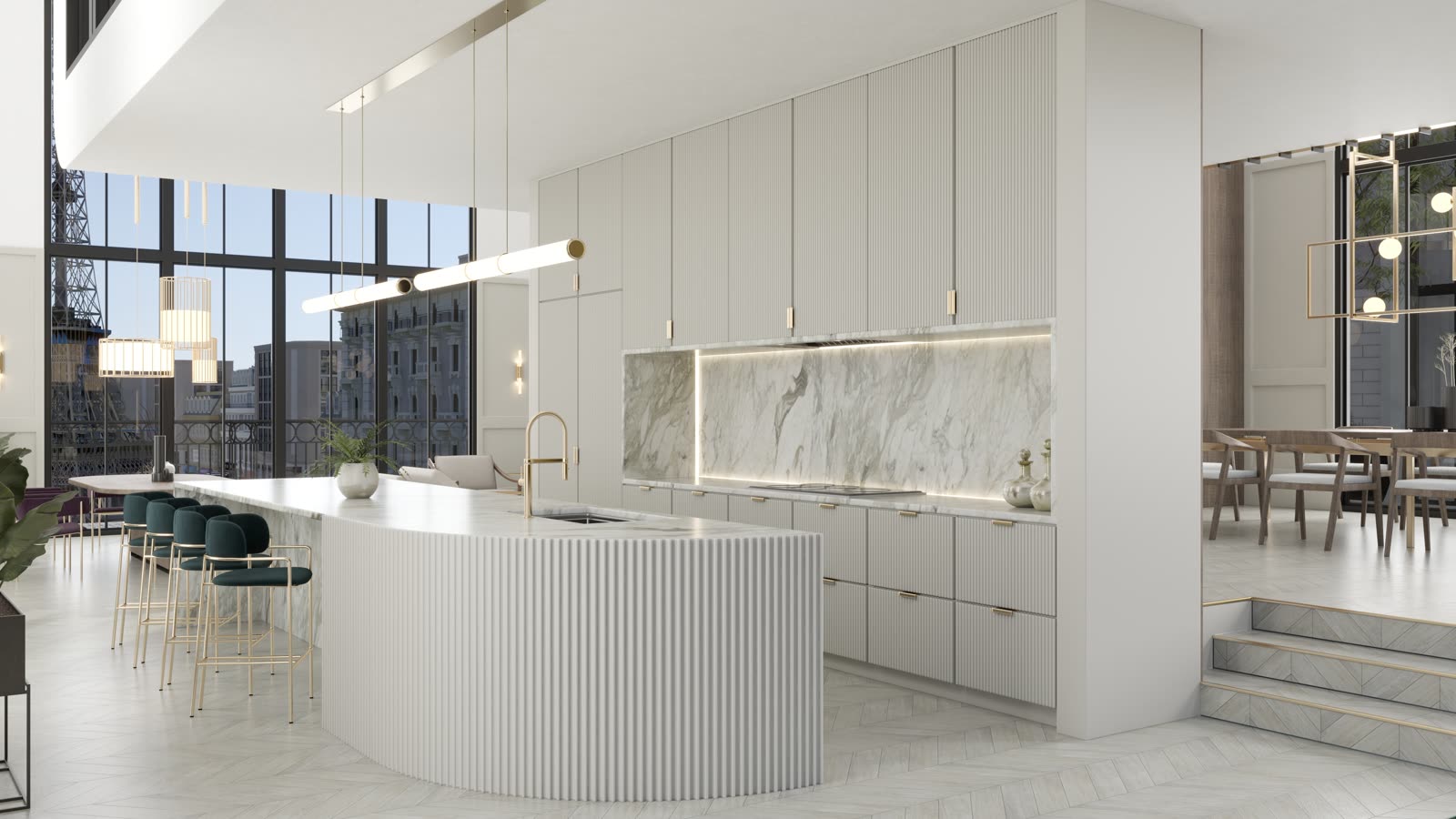 Paris Penthouse, fluted island and marble backsplash in an open kitchen