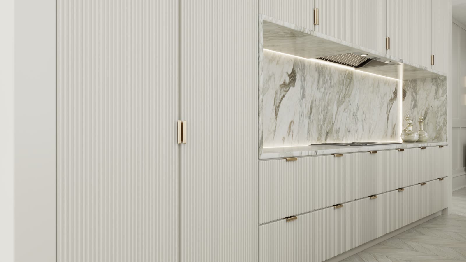 Fluted millwork run with integrated marble backsplash