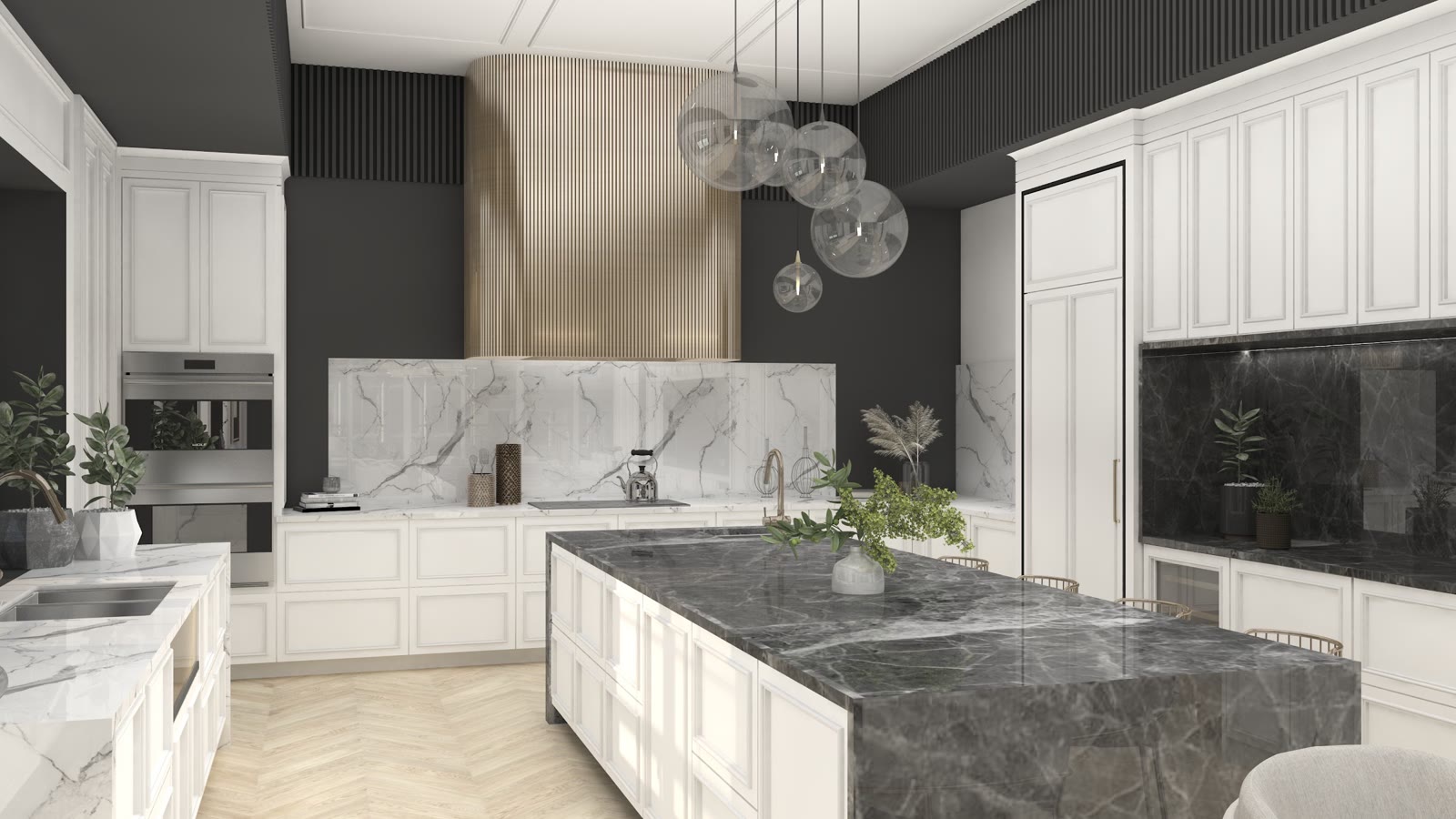 Prewar Modern, a graphite marble island and fluted brass hood against panelled joinery and charcoal walls