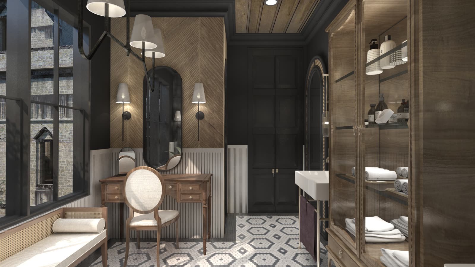 Panelled bathroom joinery with a fitted dressing table