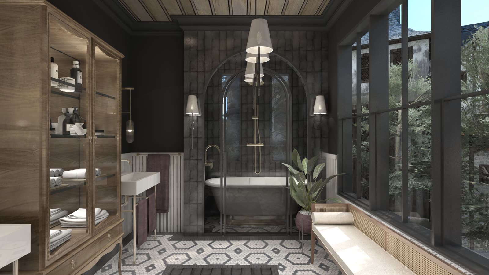 The vanity wall, with the mirror set into panelling