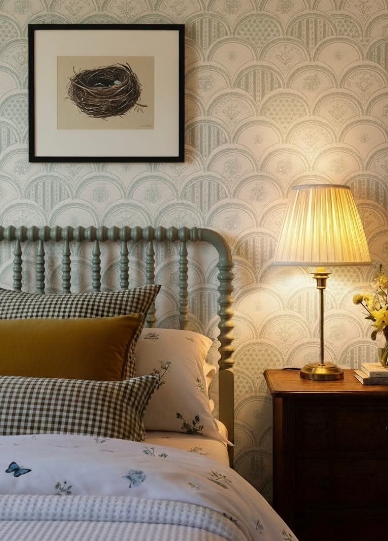Bedroom, Fan patterned wallpaper, lamp, deco and cosy