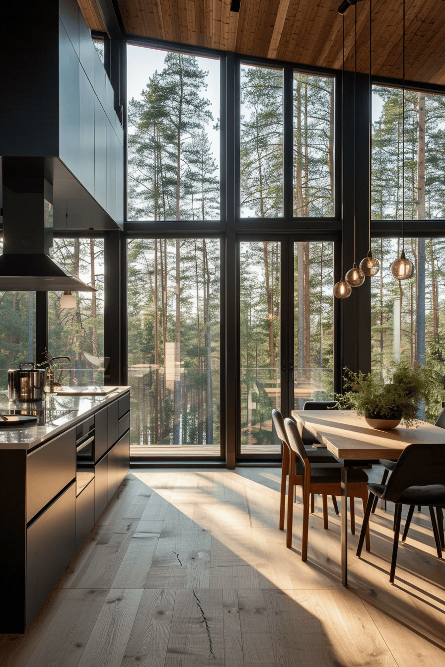 Kitchen, Wall of glass to the pines, dark cabinets, cabin