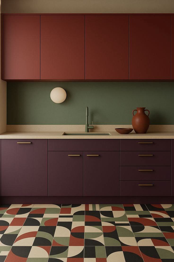 Kitchen, Oxblood cabinets, geometric floor, funky