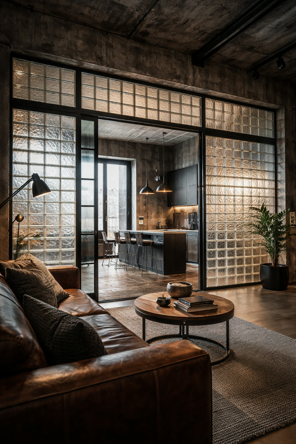 Living room, Glass block wall, leather, industrial