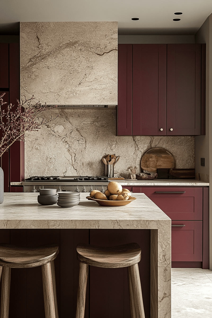 Kitchen, Plum cabinets, marble, classic