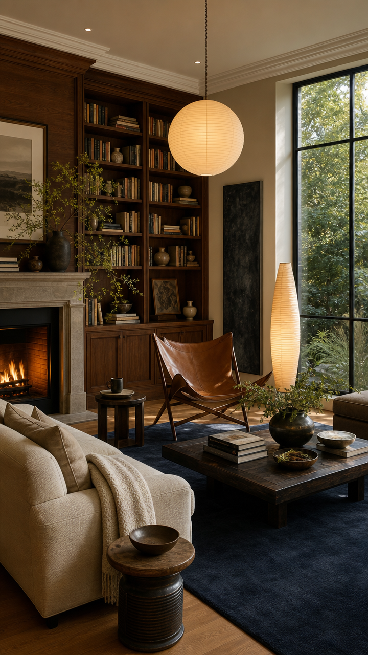 Living room, Library shelving, fire, paper globe, cosy
