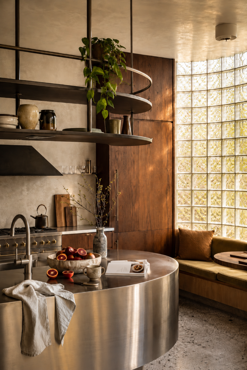 Kitchen, Steel island, glass block wall, timber, industrial