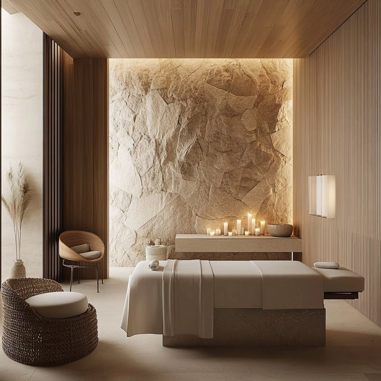 Spa or salon, Rock wall, treatment bed, candles, wabi sabi