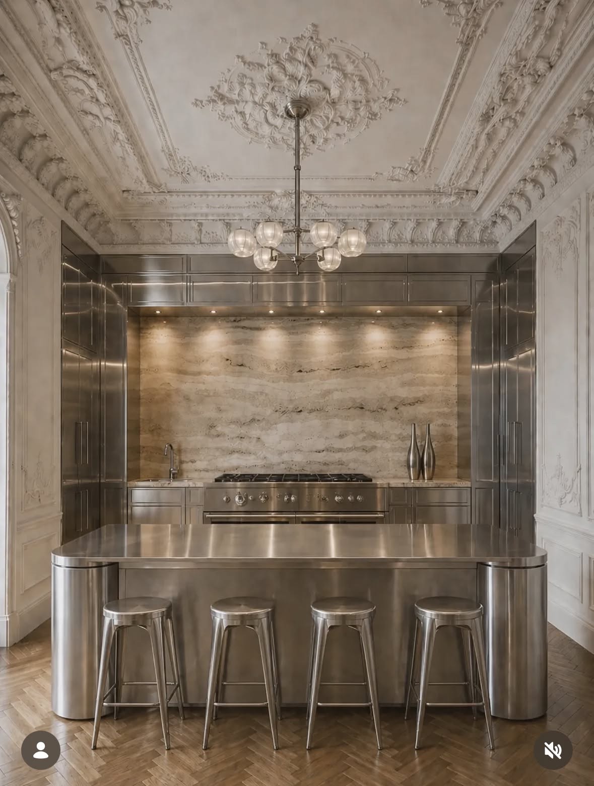 Kitchen, Steel kitchen under an ornate ceiling, chandelier, glamorous