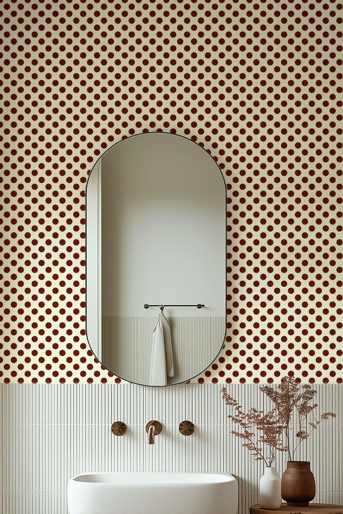 Bathroom, Dotted wallpaper, oval mirror, brass taps, playful