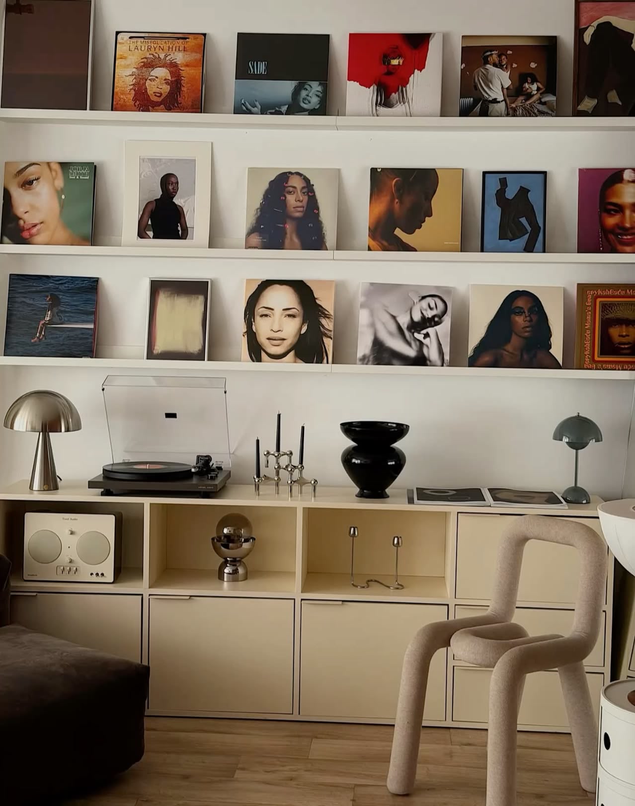 Living room, Gallery shelving, pale cabinets, eclectic