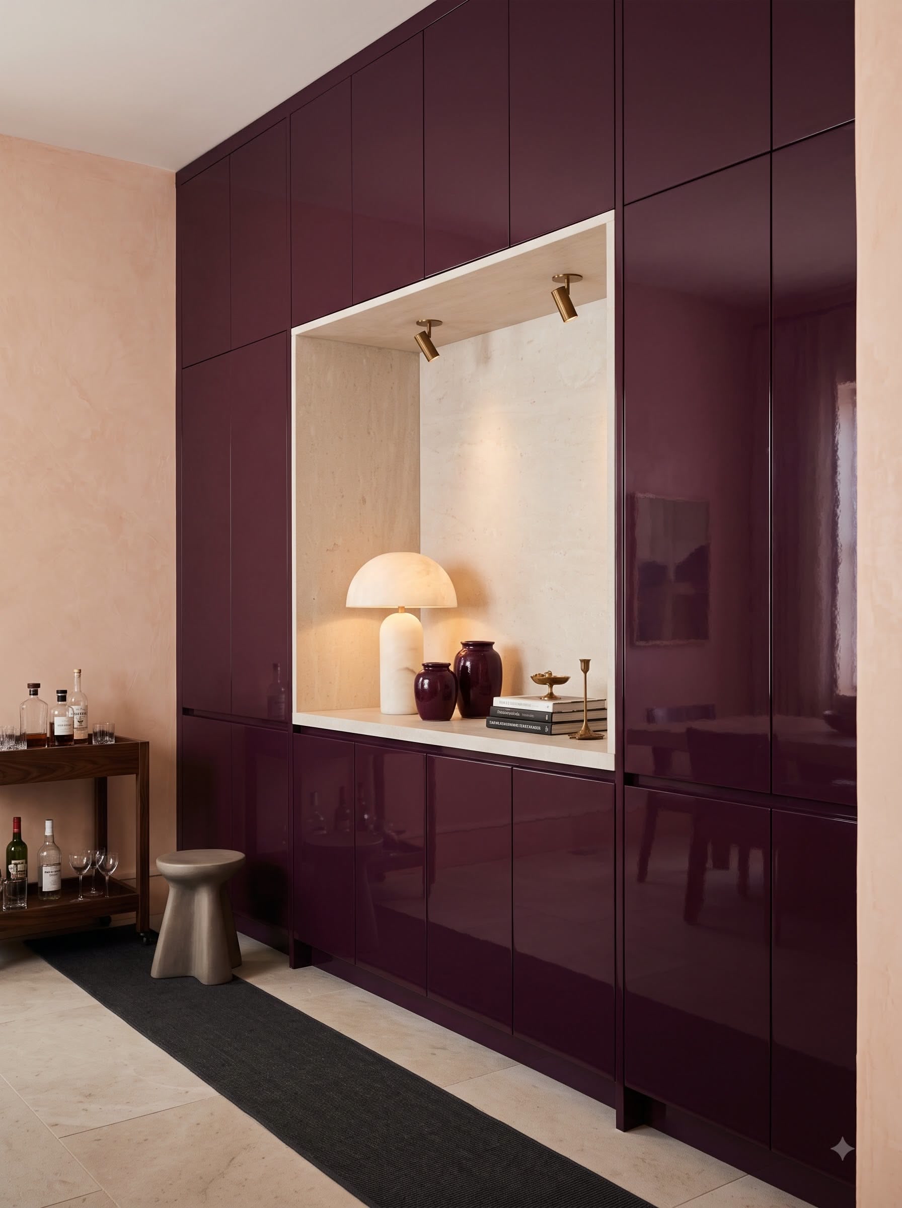 Living room, Plum gloss walls, lit niche, deco