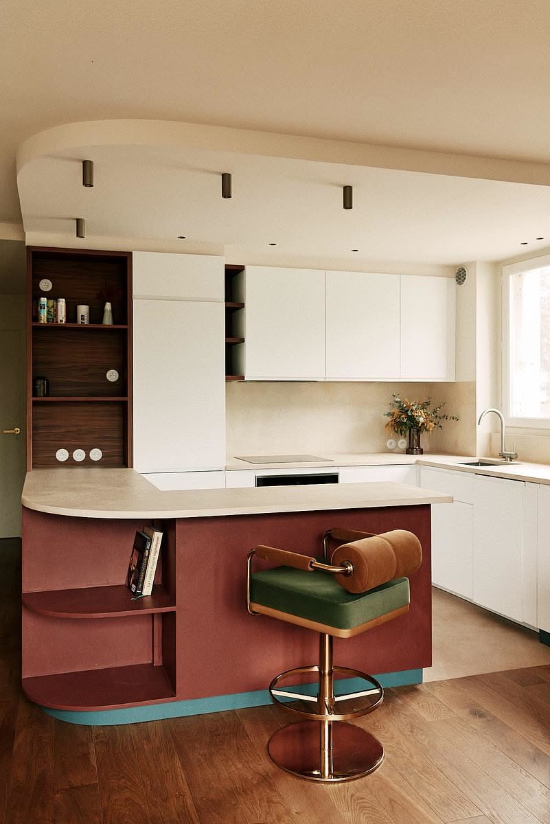 Kitchen, Plum island, teal stool, curved, funky