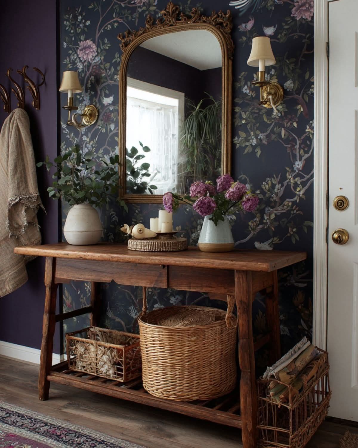 Dining room, Dark floral wallpaper, gilt mirror, console, moody