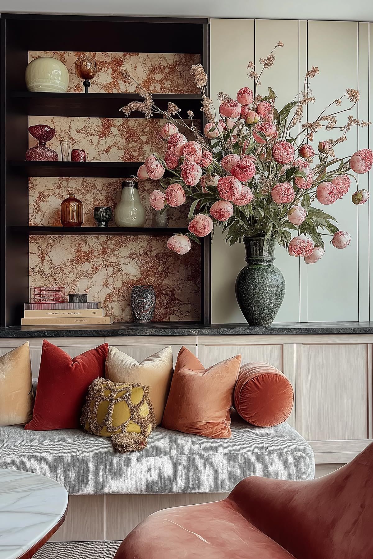 Living room, Floral wallpaper, red cushions, cottage