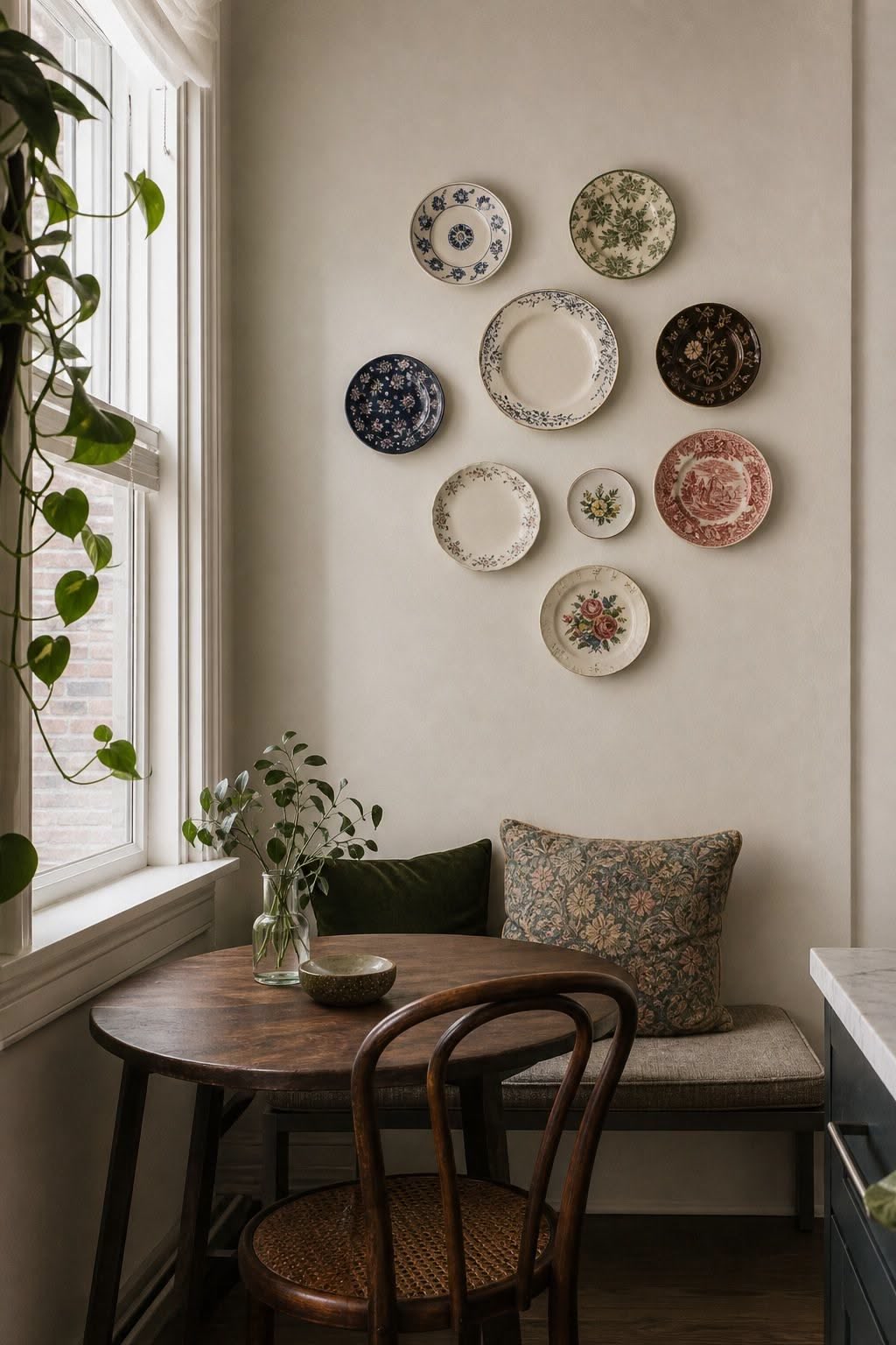 Dining room, Plate wall, bentwood chair, cottage