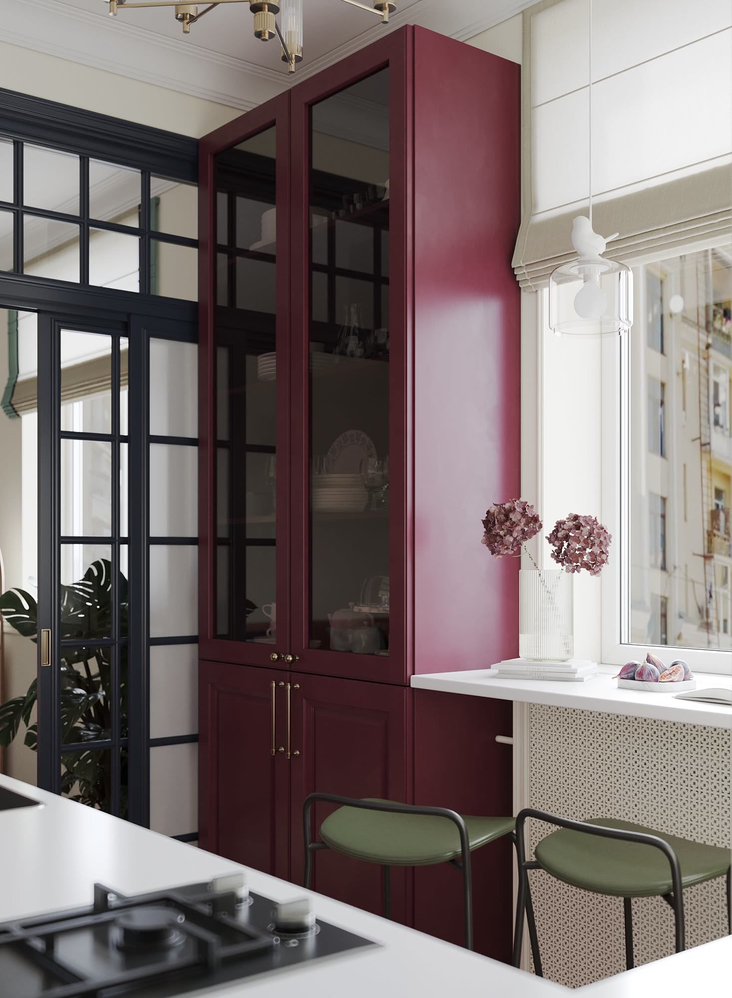 Kitchen, Burgundy joinery, steel glazing, modern