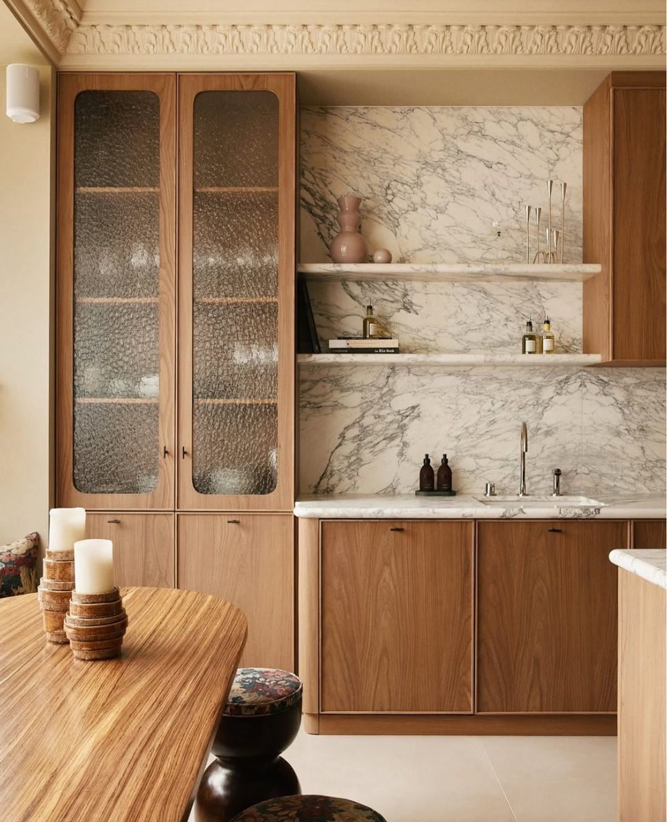 Kitchen, Marble splash, glazed cabinets, timber counter, classic