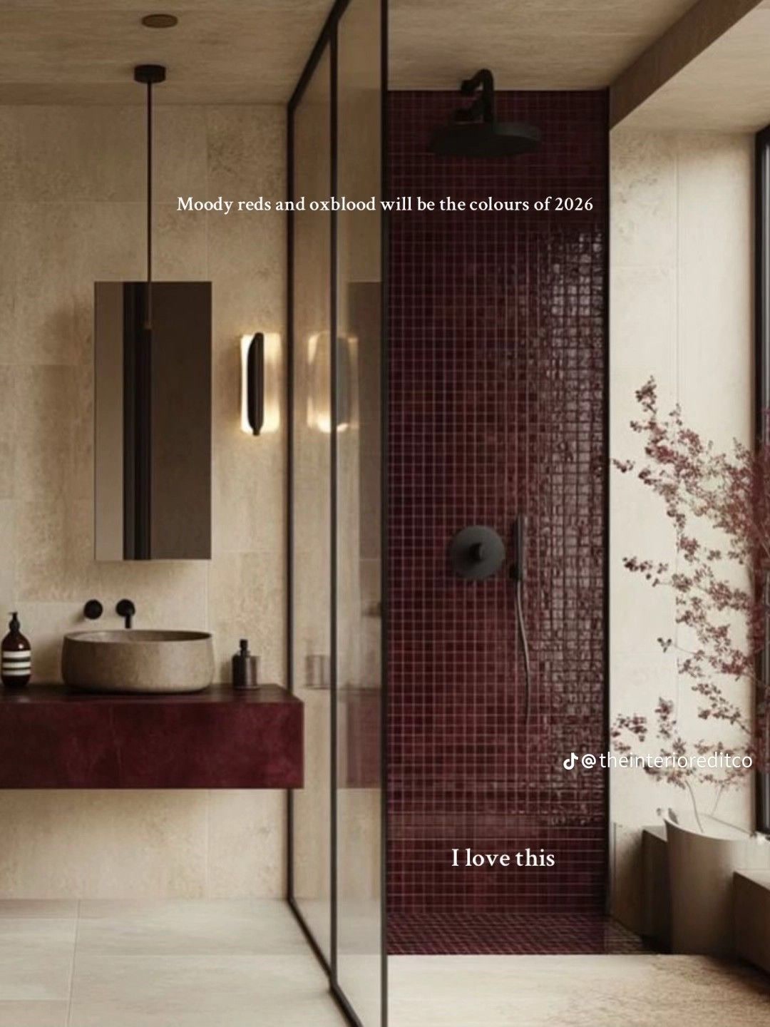 Bathroom, Blossom mural, burgundy shower, stone basin, calm