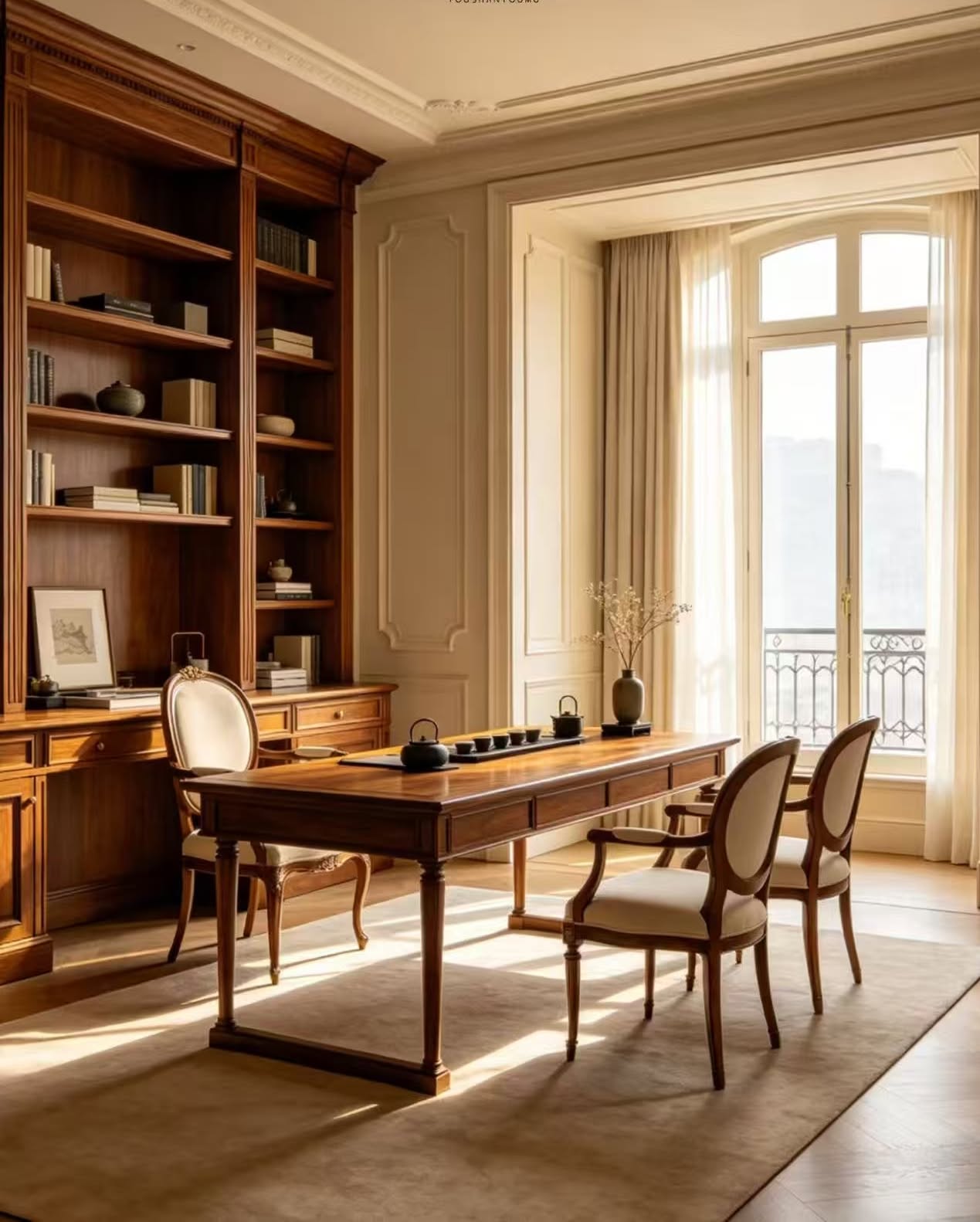 Office or studio, Timber library study, arched window, classic