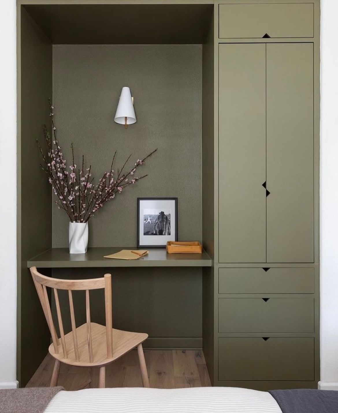 Office or studio, Green desk nook, spindle chair, calm