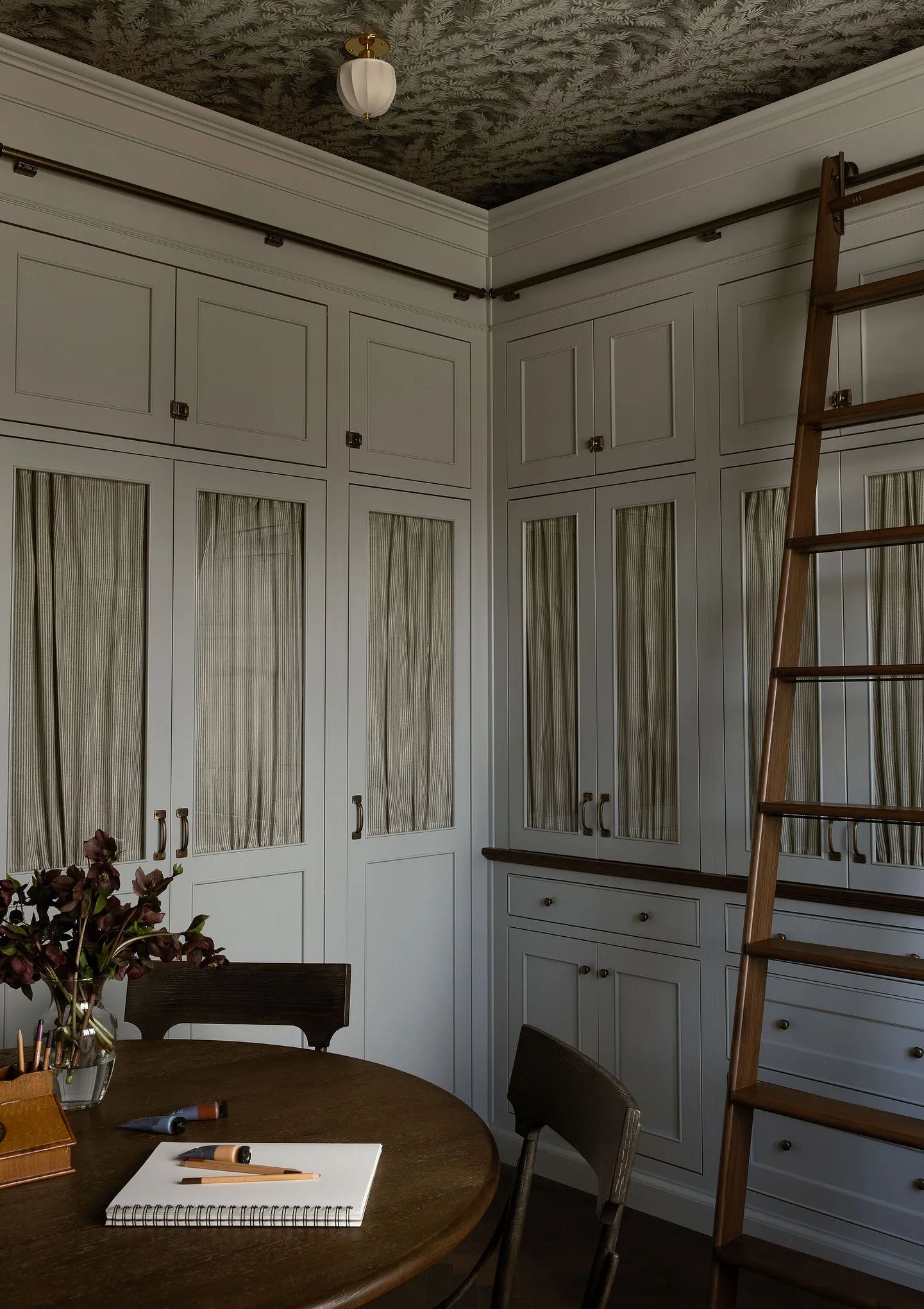 Office or studio, Cream cabinetry, library ladder, round table, classic