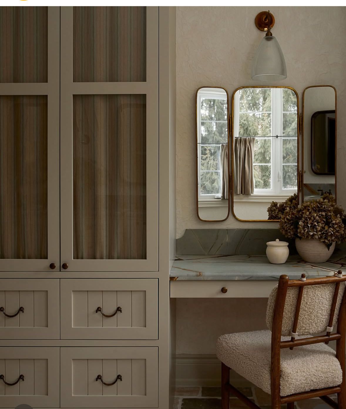 Office or studio, Cream cabinets, desk nook, arched mirror, calm