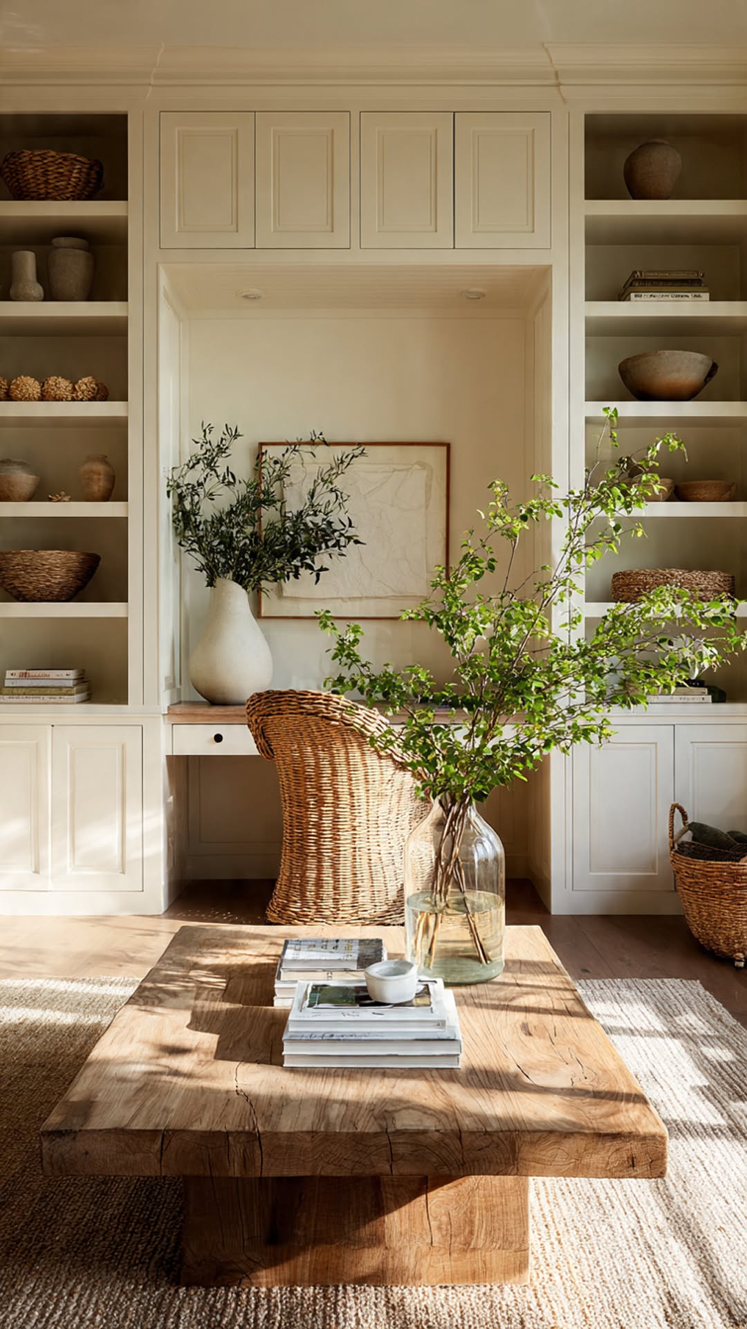 Office or studio, Cream shelving, timber table, olive branch, calm