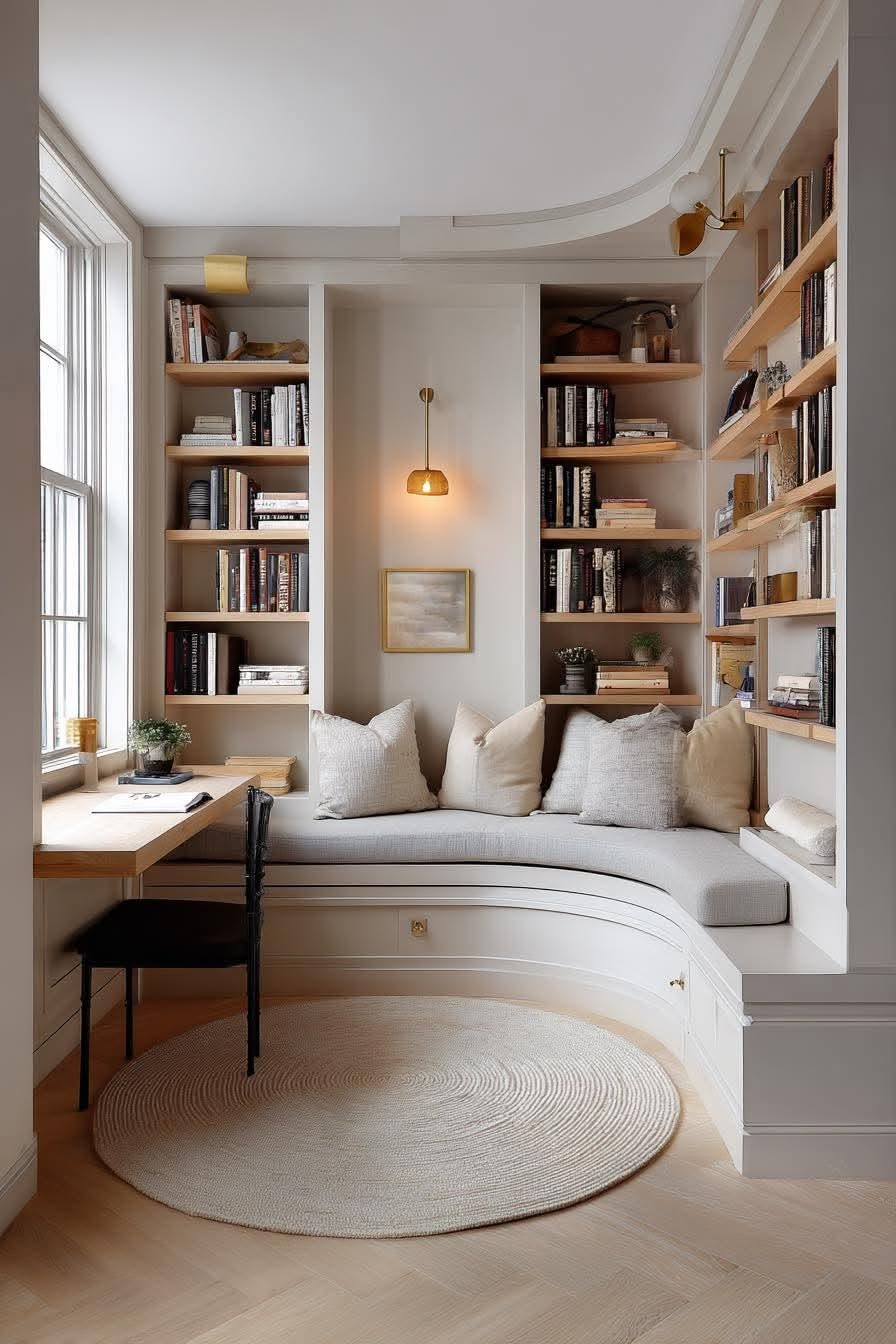 Office or studio, Curved window seat, bookshelves, desk, modern