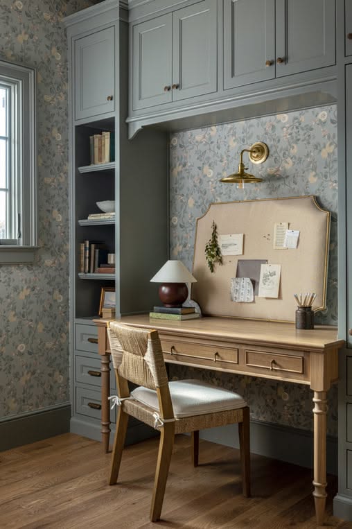 Office or studio, Sage cabinetry, desk nook, floral wallpaper, cottage