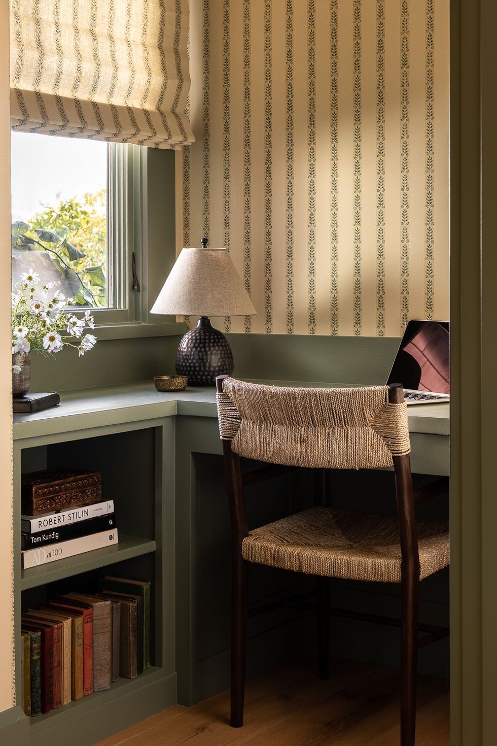 Office or studio, Green desk nook, striped wallpaper, rush chair, cottage