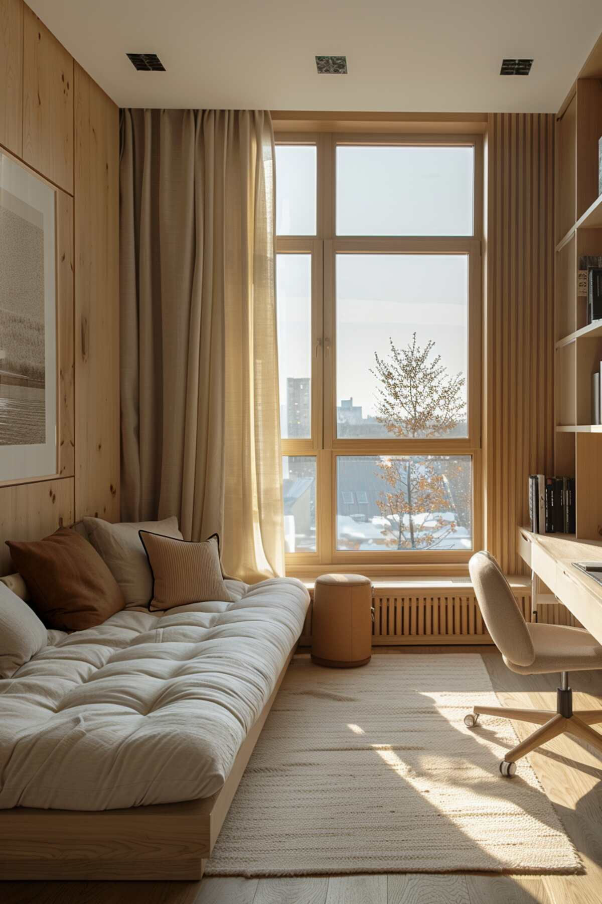 Office or studio, Timber daybed, desk, linen curtains, calm