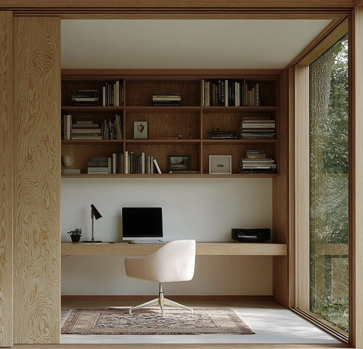 Office or studio, Timber study nook, white chair, minimal