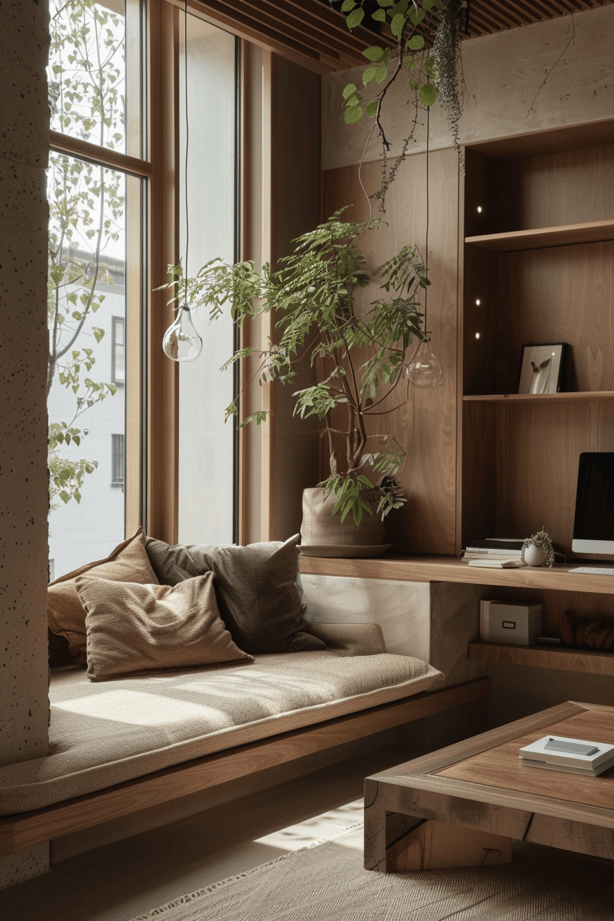 Office or studio, Timber window seat, plants, calm