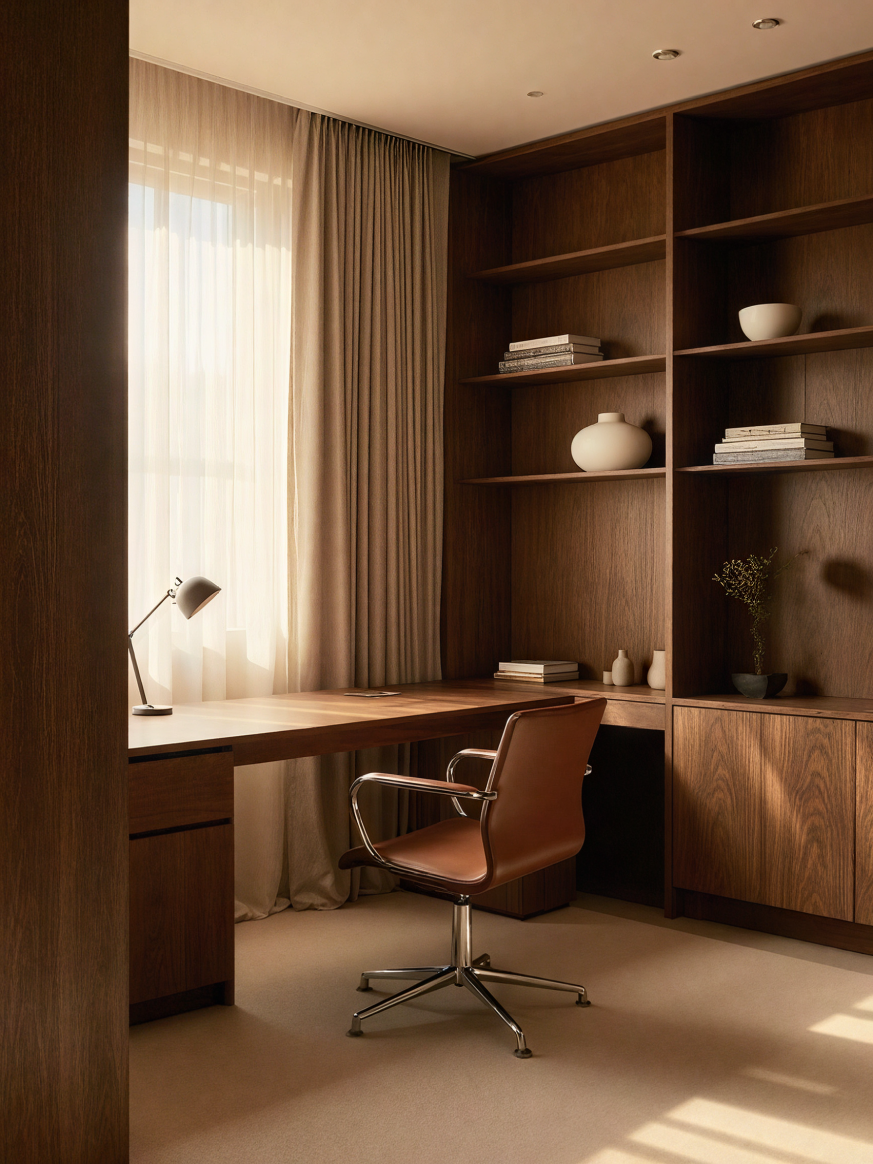 Office or studio, Walnut shelving, tan leather chair, warm