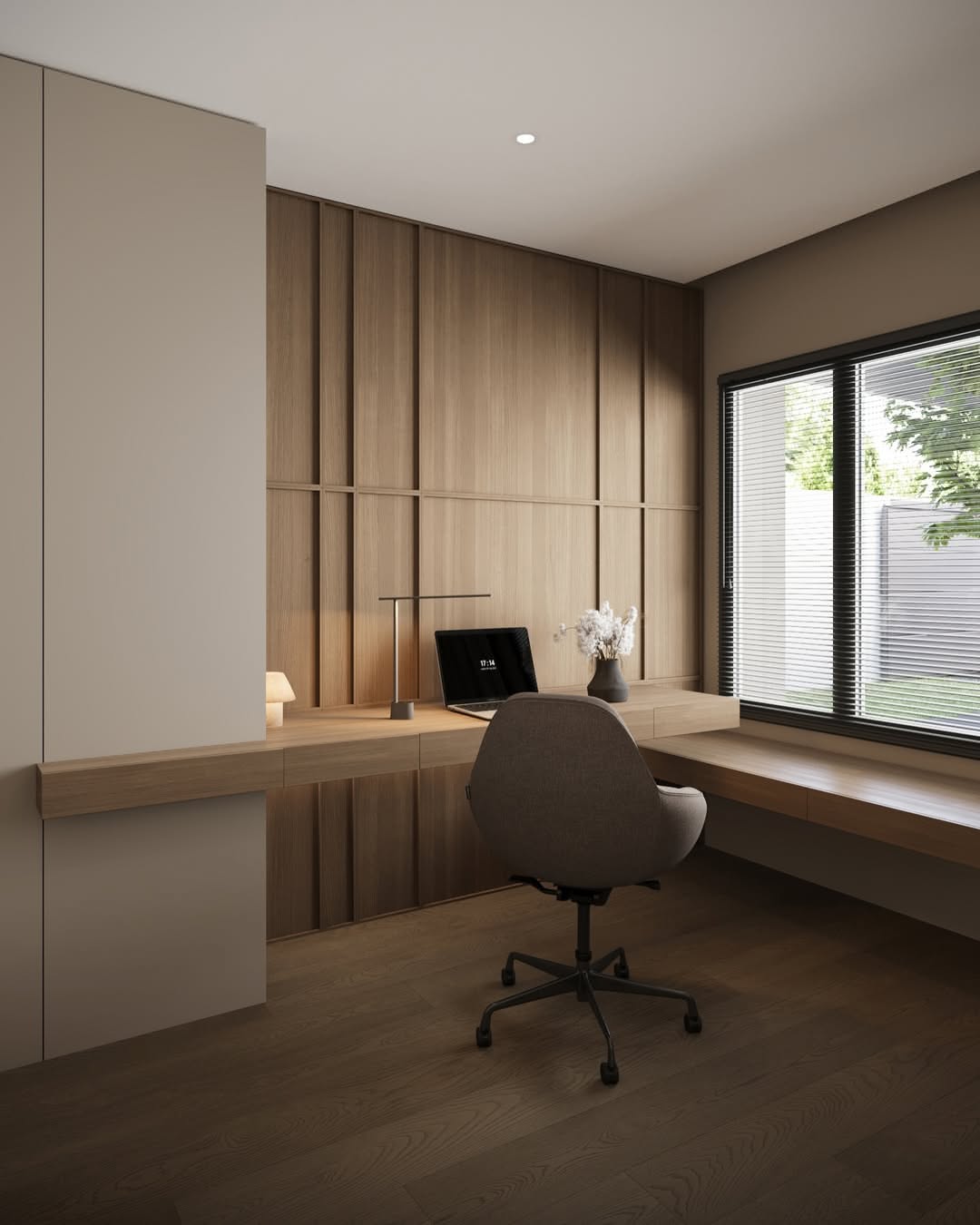 Office or studio, Pale timber curved desk, grey chair, modern