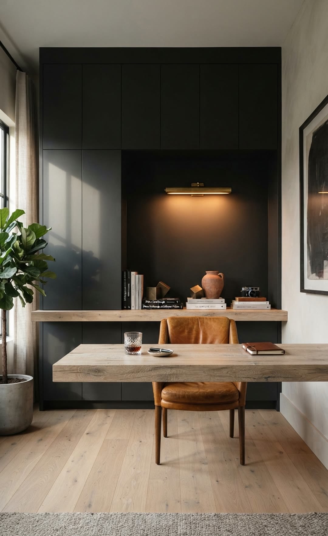 Office or studio, Dark green study, timber desk, tan chair, moody
