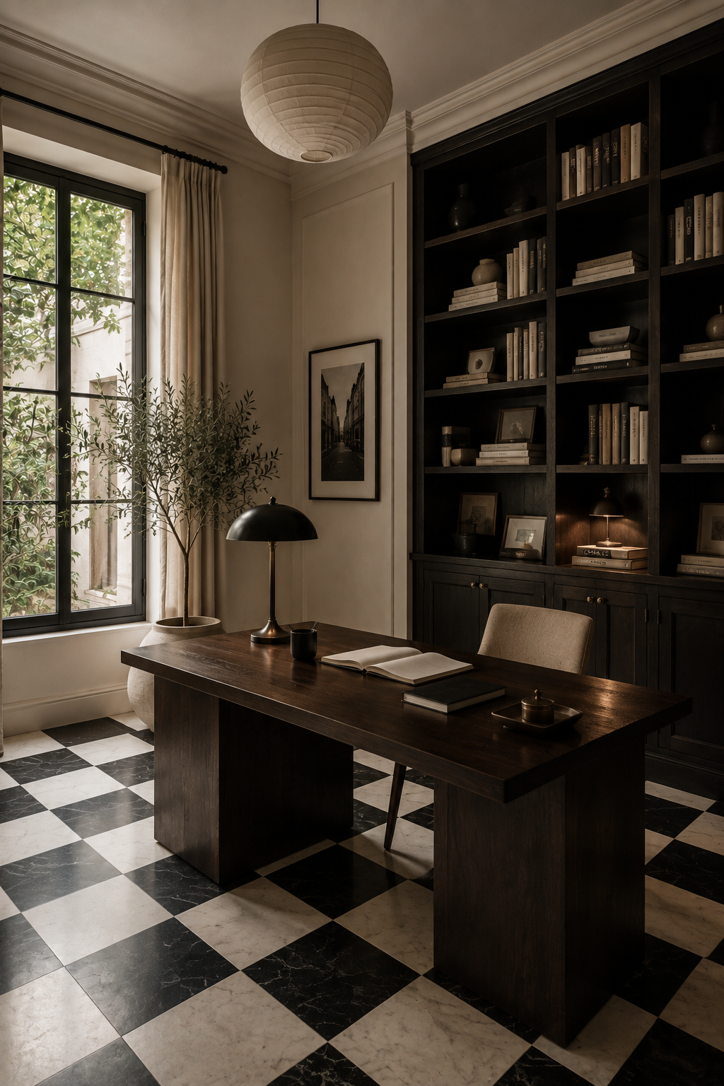 Office or studio, Dark bookshelves, chequer floor, timber desk, classic